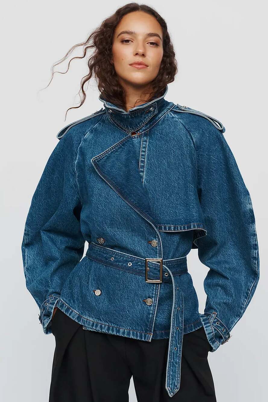 Anine Bing Pascale Trench Coat Clean Indigo Denim Size Large NWT